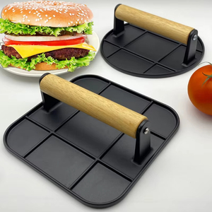 Prensa de hamburguesas de aleación de aluminio, herramientas de prensa de hamburguesas de mano redondas/cuadradas antiadherentes para exteriores con mango de madera para barbacoa de cocina casera - Product Image 1