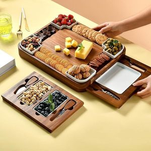 Cross-border acacia wood <b>cheese</b> board <b>set</b>, household multi-functional wooden dinner plate, irregular shape with <b>knife</b> and fork, - Product Image 4