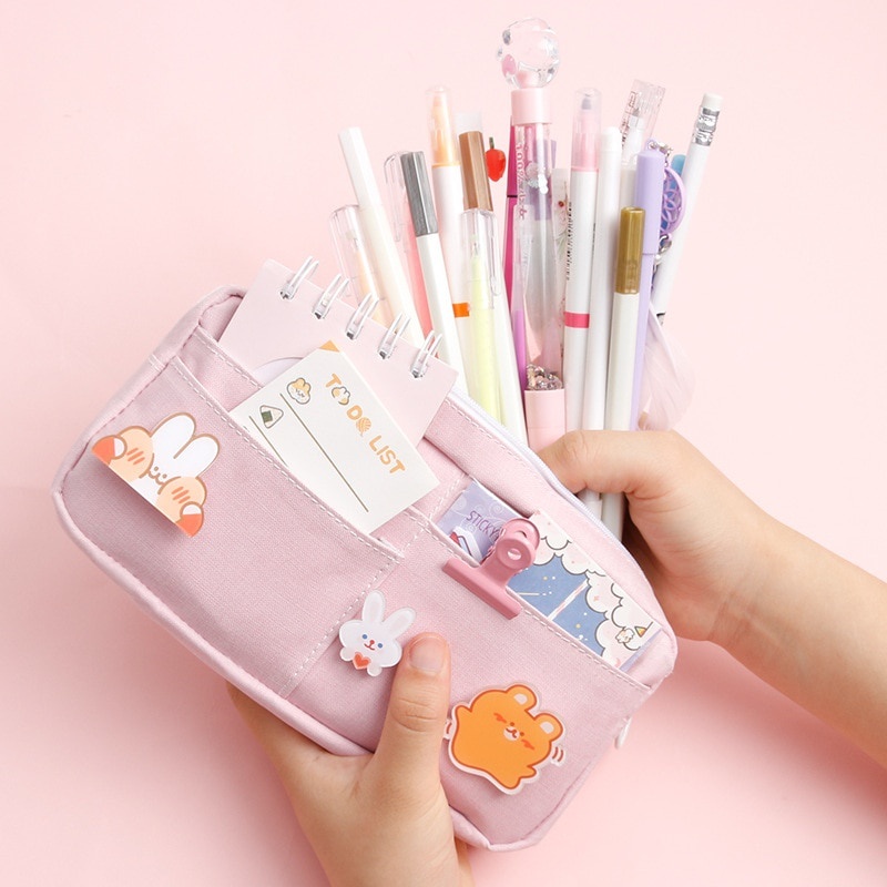 Round Pencil Case - Large Capacity Pen Pouch & Makeup Brush Bag, Oxford Fabric With PVC Lining, Pink & Other Colors