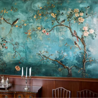 Rustikale Gealterte Blaugrüne Blüten-Vogel-Tapete Antike Chinoiserie-Inspirierte Wanddekoration für Esszimmer Wohnzimmer Abnehmbar