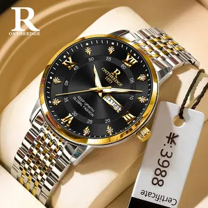 R ONTHEEDGE Relógio de pulso de quartzo masculino de negócios luxuoso à prova d'água com calendário duplo de aço inoxidável