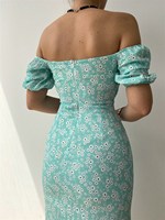 Robe d'été pour femmes à épaules dénudées Sexy Slim Puff Short Sleeves Dress Floral French Style Pencil Midi Long Casual Split Dress