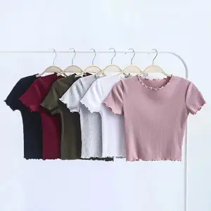 Vintage Wood Ears O Neck Short Sleeve T-shirt Tops WomenのSlim Fit Tight Crop Top