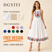 Robe décontractée pour femme, col halter, sans manches, broderie florale, longueur midi, en coton 220 GSM, coupe trapèze, été, personnalisable avec logo OEM