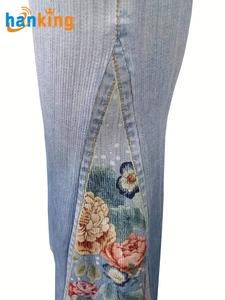 Pantalon Slim Décontracté pour Femme, Grande Taille, Couleur Dégradée, Fleurs Imprimées, Taille Haute, Panneau Légèrement Extensible, Évasé, Jeans - Product Image 4