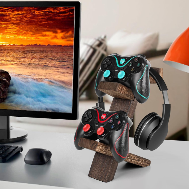 Wooden Game Controller Holder Headset Stand 2 Tier Universal Controller Headphone Stand for Xbox Series PS5 PS4