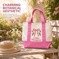 Sac fourre-tout en toile personnalisé brodé de fleurs avec poche avant, sac de plage en coton monogrammé pour la plage, le shopping et les voyages