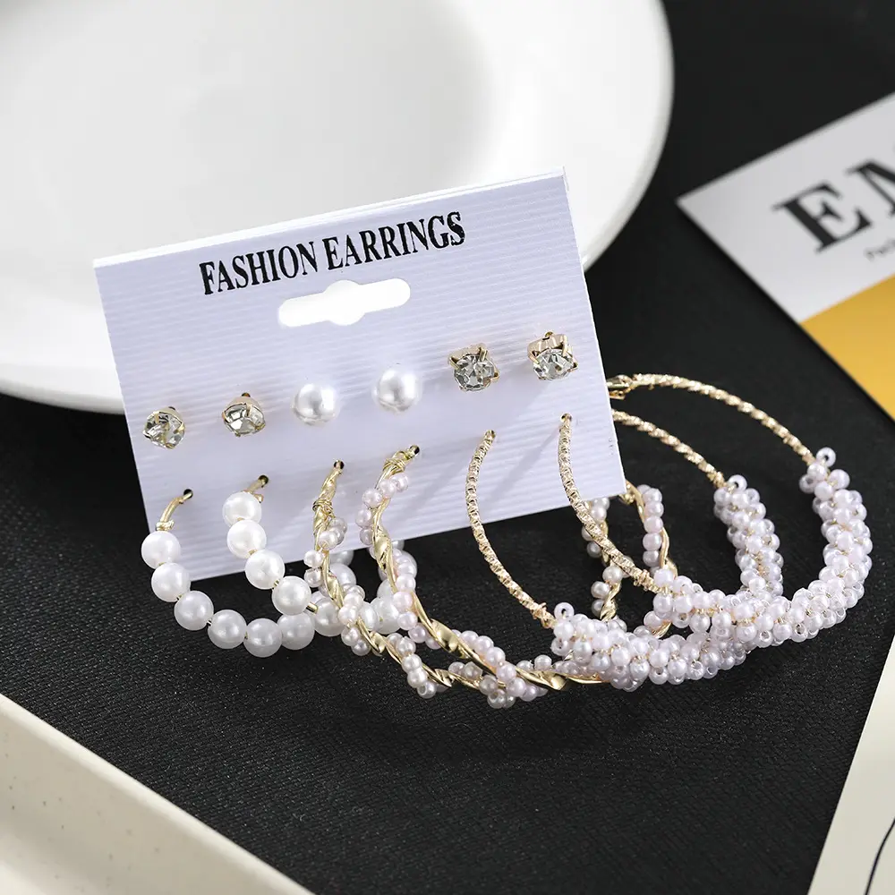 In stock Multi Options Trendy Earring jewelry Women Fashion Geometric Pearl Circle gold Metal Stud Earrings set