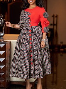 Robes imprimées décontractées à col rond et manches 3/4 pour femmes grandes tailles, robes africaines élégantes pour femmes - Product Image 4