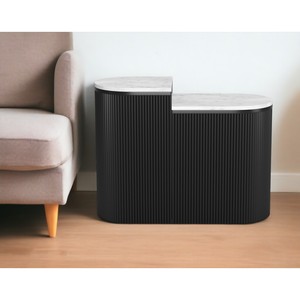 Set di due tavolini ovali in legno massello e marmo in bianco e nero per mobili da soggiorno - Product Image 1