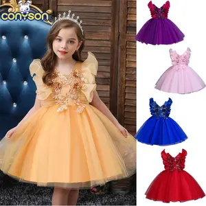 Conyson High quality boutique summer fly sleeve floral Birthday elegant Dresses polyester Kid Clothing Girl Princess Party Dress