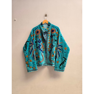 Veste en laine turquoise pour femme, style Prairie Chic, broderie florale, col mandarin, fermeture éclair, manches chauve-souris, manteau court d'automne - Product Image 1