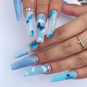 New style OEM Wholesale Press on nails Luxury Long Blue Ice Penetrating Butterfly Shining Diamond artificial Fingernails