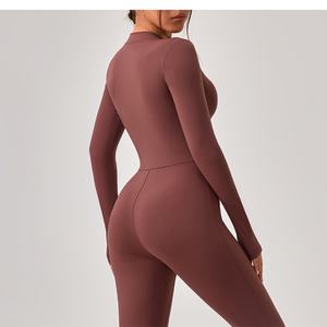 <span class=keywords><strong>Combinaison</strong></span> de yoga pour femme avec demi-zip personnalisée, manches longues, sexy, coupe bootcut, body athlétique amincissant et rehausseur de fessier pour la gym, pantalon évasé - Product Image 5