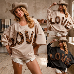 Women's Oversized <b>Batwing</b> Sleeve Sweatshirt Love Leopard Applique Print O-Neck Casual <b>Top</b> Spring Style - Product Image 4