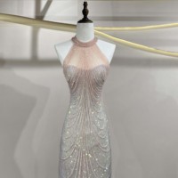 Robe de soirée sirène moderne rose argenté dégradé, à col halter, avec franges, bordure festonnée, perles et paillettes, longueur ras du sol |   Tapis rouge ciel étoilé pour femmes