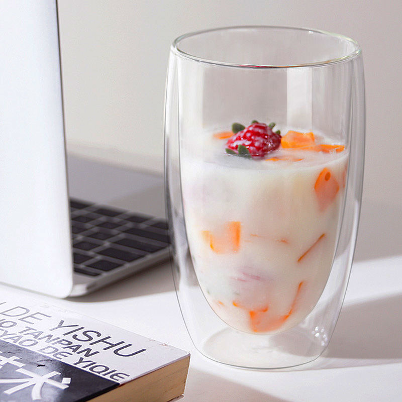 customized double wall glass coffee cup with lid