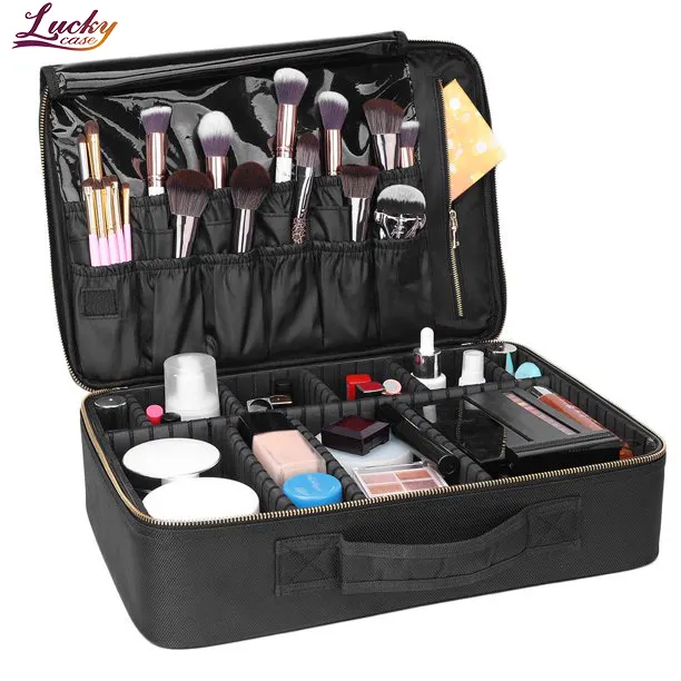 Travel Makeup Train Case Organizer Portable Artist Storage Bag with Adjustable Dividers for Cosmetics Brushes Toiletry Bag