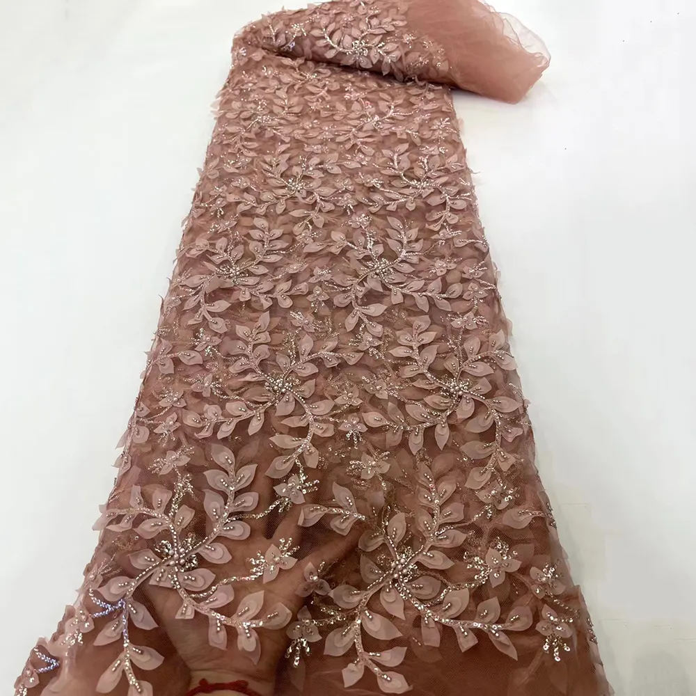 Ya Afrika 3D Bunga Renda Applique Kualitas Tinggi Payet Mewah Debu Merah Muda Buatan Tangan Kain Renda Manik-manik untuk Gaun Wanita