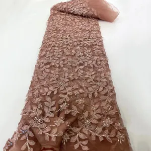 Sinya 아프리카 3D 꽃 레이스 아플리케 고품질 럭셔리 스팽글 먼지 핑크 수제 페르시 레이스 원단 여성 드레스