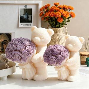 3D Rose Bear Candle <b>Mold</b> Bear Holding Bouquet Candle Silicone <b>Molds</b> for Candle Making Resin Aromatherapy Gypsum Wax Clay Craft - Product Image 1