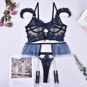 Ruffles iç çamaşırı seksi iç çamaşırı kadın vücut şeffaf sutyen Metal zincir dantel 3-Piece Set lüks samimi 1220 - Product Image 6