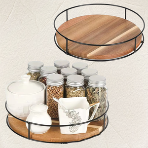 Plateau tournant en bois KZR Lazy Susan, organisateur artistique en bois rond pour table avec <span class=keywords><strong>barre</strong></span> en acier noir robuste, rotation fluide à 360 degrés - Product Image 3