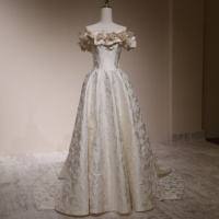 Gaun Pengantin Mewah Model Ball Gown Off Shoulder 3D Rose Champagne Jacquard Lace Ukuran Besar Custom Grosir Pabrik