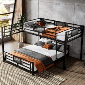 Litera metálica en forma de L de tamaño Twin sobre Full con escalera y barandilla de seguridad de longitud completa, sin ruido, ODM/OEM disponible - Product Image 1