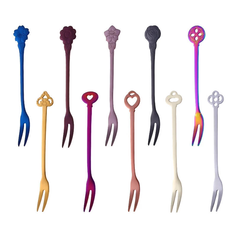 Оптовая продажа, многоразовая вилка для фруктов из нержавеющей стали с цветным покрытием и цветочной ручкой, вилка для десертов и тортов
