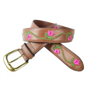 Ceinture Equipro en cuir de vachette véritable marron, broderie rose motif animal, boucle à ardillon, style vintage décontracté, réversible, largeur 3,5 cm, 110 cm - Product Image 1
