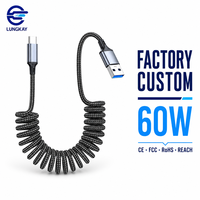 Kabel Pengisian Cepat USB A ke C 60W Profesional LUNG KAY, Terbuat dari Bahan Kepang Spiral, untuk Ponsel, Tablet, Laptop, Custom OEM ODM