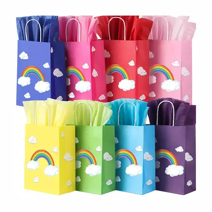 Sac d'emballage en papier personnalisé avec impression de logo Offre Spéciale arc-en-ciel coloré pour cadeau d'anniversaire d'enfants sac en papier avec design