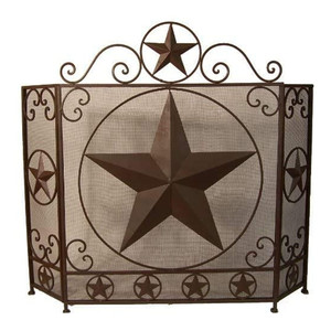 Écran de cheminée pliable de style campagnard occidental rustique en maille métallique marron Oniya avec décorations d'étoiles pour la maison - Product Image 1