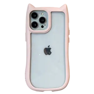 Funda transparente con orejas de gato 3D de Color caramelo para iPhone 15 14 13 12 Pro Max Kawaii, Funda trasera a prueba de golpes