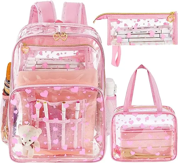 Kustom Logo tahan air PVC plastik ransel sekolah Set untuk anak tugas berat bening transparan ransel makan siang tas produsen