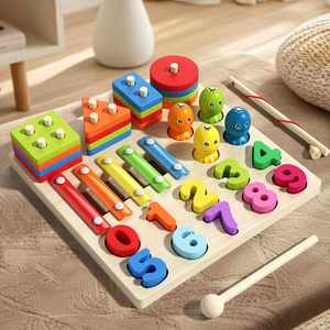Jouet en bois 4-en-1 : Blocs d'apprentissage des nombres, jeu de pêche, xylophone, planche d'activités sensorielles - Product Image 4