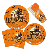 Ensemble de Vaisselle Jetable pour Fête à Thème Halloween avec Assiettes, Mouchoirs, Couteau, Fourchette, Cuillère, Paille