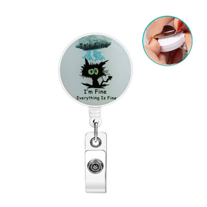 Black cat-shaped epoxy resin easy-pull <b>buckle</b> round with back <b>clip</b>, retractable easy-pull ID card <b>buckle</b>/keychain. - Product Image 1