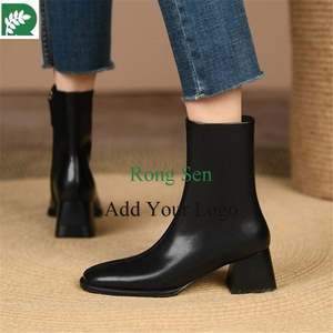 Venta caliente de invierno tendencia de moda <span class=keywords><strong>punta</strong></span> <span class=keywords><strong>cuadrada</strong></span> cuero de vaca tacones gruesos tobillo cremallera bota romana botín país niño bota - Product Image 3