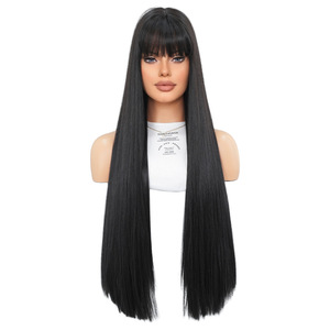 Peluca <span class=keywords><strong>de</strong></span> <span class=keywords><strong>Cabello</strong></span> Largo y Liso con Flequillo, Fibra Sintética Pre-Adherida, Multicolor Opcional, Aspecto <span class=keywords><strong>Natural</strong></span> Mate Sedoso para Mujer - Product Image 1