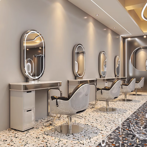 Grand mobilier de salon : Station de coiffure et maquillage avec miroir LED doré pleine longueur et table intégrée, économique - Product Image 1