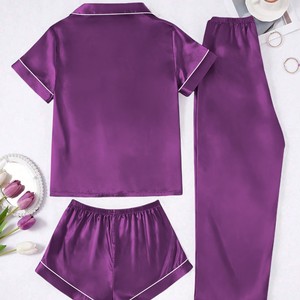 Pigiama Estivo da Donna in Raso Stile Europeo e Americano, Cardigan con Risvolto, Maniche Corte, Pantaloni, Set 3 Pezzi Traspirante, Colore Personalizzabile ODM - Product Image 2