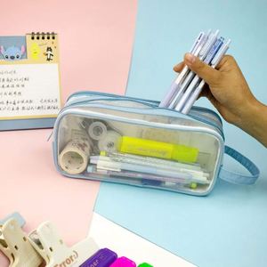 <b>Multi</b>-<b>Color</b> Large-Capacity Double-Layer Nylon Mesh + Polyester Transparent Pencil Case for School Office Use Portable Storage - Product Image 4