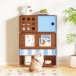 Mobilier multifonctionnel pour chat : meuble de rangement à 3 niveaux avec lit, toilettes et espace de vie pour chats de taille moyenne, idéal pour bureau, chambre et salon. - Product Image 5
