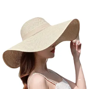 H95 Fashion Straw Women With Bow Rope Elegant Hat Ladies Summer Big Brim Beach Hat Foldable