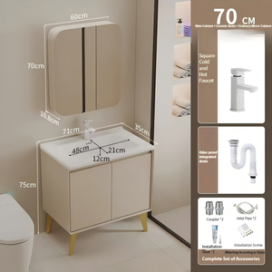Moderno Lavabo de Cerámica Integrado de 70 cm con Espejo <span class=keywords><strong>y</strong></span> Gabinete con Iluminación LED, Fácil Instalación para Apartamento - Product Image 5