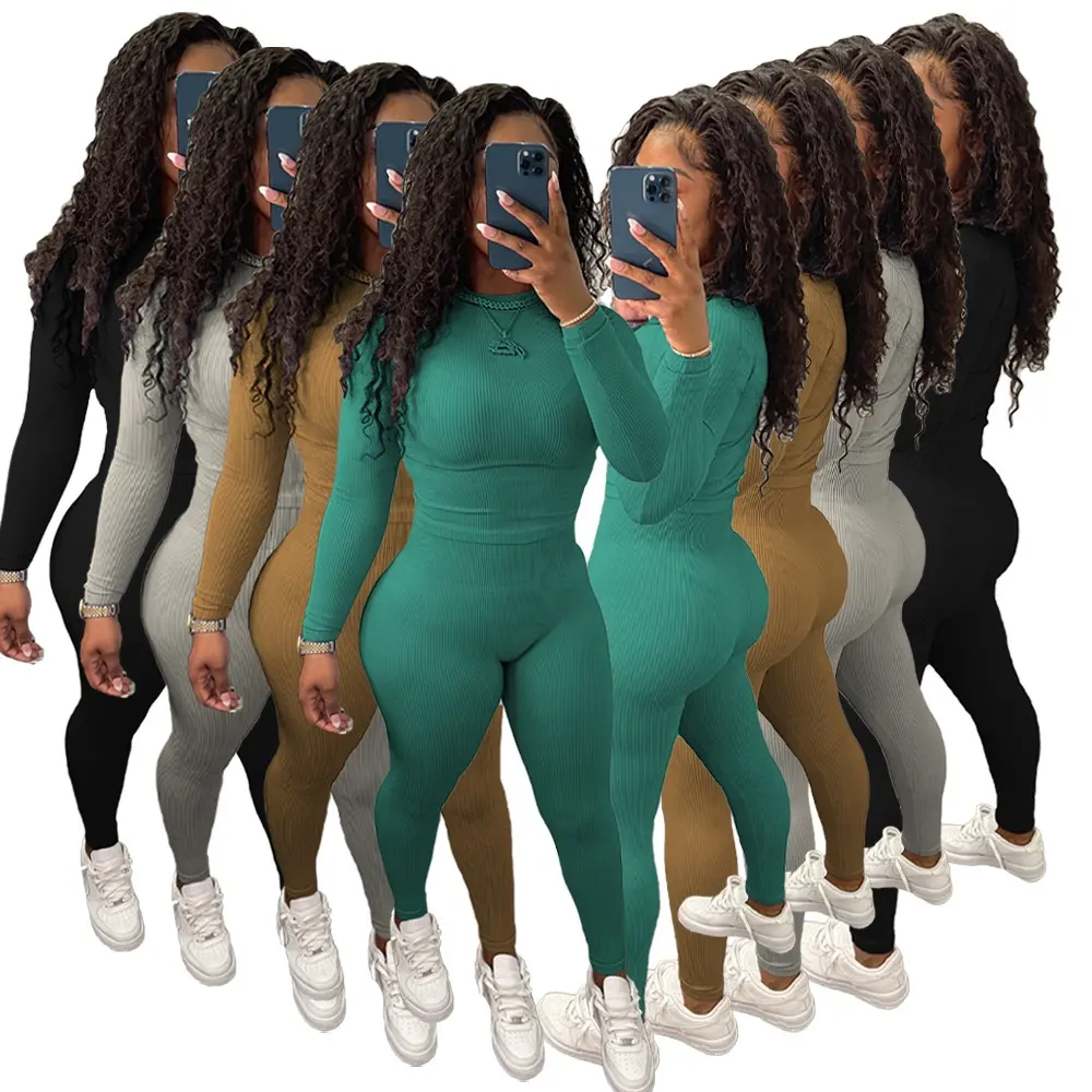 Benutzer definierte Herbst Damen bekleidung Solid Color Stretchy Tight Suit Langarm O-Ausschnitt gerippt Yoga zweiteilige Hosen Set Frauen