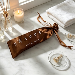 Sacs cadeaux en satin couleur chocolat caramel avec cordon de serrage, personnalisables avec logo imprimé, pochettes anti-poussière en satin longues pour outils de beauté, vente en gros - Product Image 1