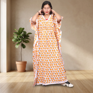Vestido Kaftán Maxi Holgado con Estampado de Puntos Naranjas, Manga Corta, 100% Algodón, Transpirable, Ropa Casual de Verano, Cuello en V, Corte Recto - Product Image 2